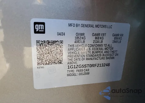 2024 Chevrolet Malibu Rs из США, поврежденный, VIN 1G1ZG5ST0RF213248